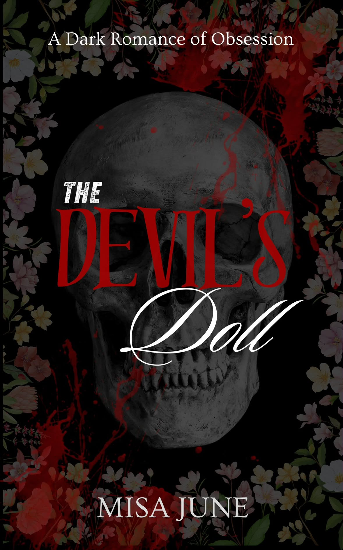 The Devil's Doll book cover: a skull surrounded by flowers and blood spatter